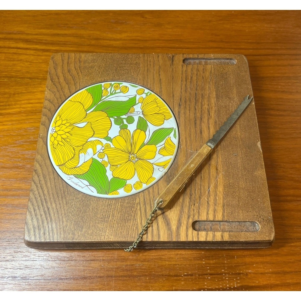 MCM Goodwood & Ceramic Tile Cheese Board Appetizer Serving Tray - Attached Knife